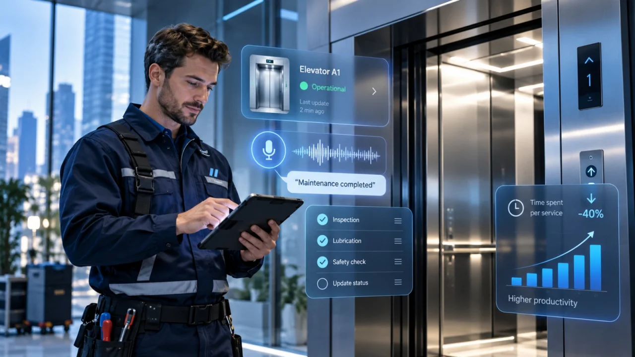 Een liftmonteur werkt op een tablet bij een lift, met een ingesproken notitie en een afgevinkte checklist voor inspectie, smering, veiligheidscontrole en status.