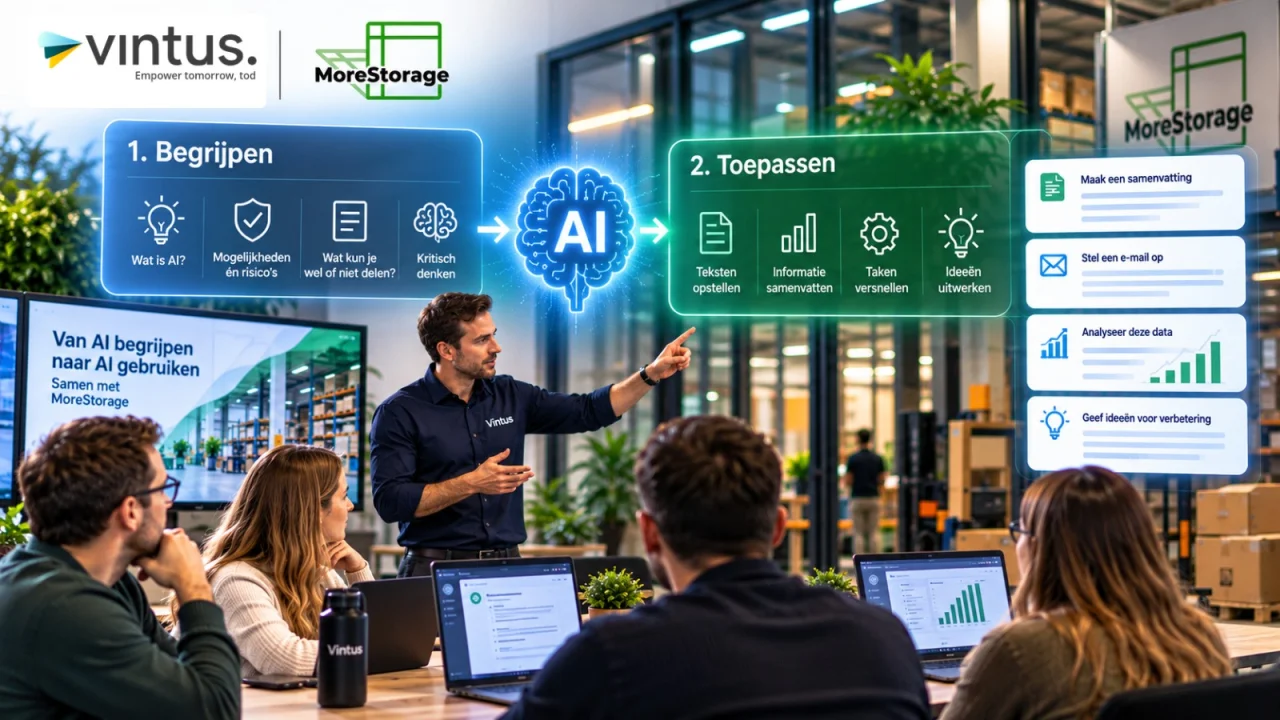 Een trainer van Vintus geeft een AI-cursus bij MoreStorage. Stap 1, Begrijpen: wat is AI, mogelijkheden en risico's. Stap 2, Toepassen: teksten opstellen, samenvatten, taken versnellen.