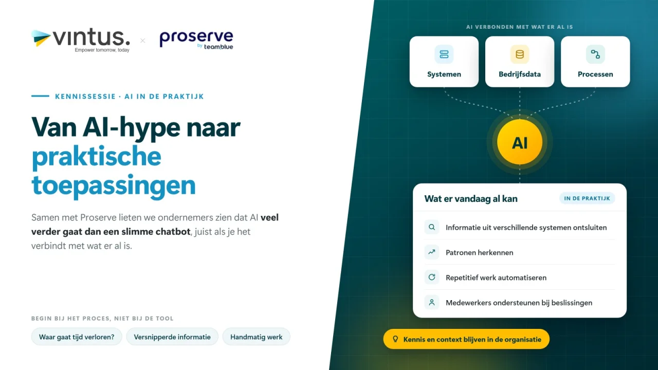 Kennissessie van Vintus en Proserve: Van AI-hype naar praktische toepassingen. Schema van systemen, bedrijfsdata en processen die samenkomen in AI.