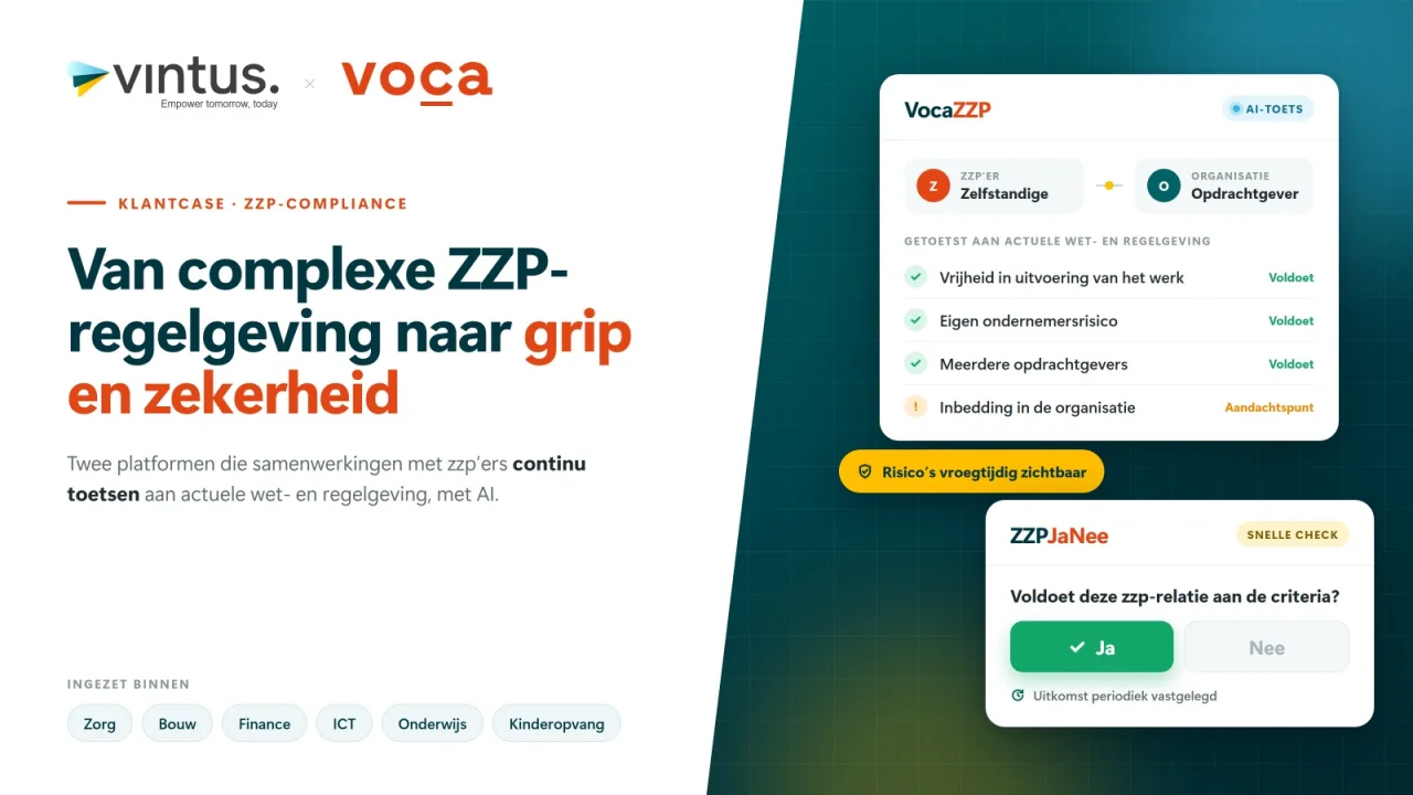 Vintus en Voca: Van complexe zzp-regelgeving naar grip en zekerheid. VocaZZP toetst een zzp-relatie aan wet- en regelgeving, ZZPJaNee geeft een snelle check: voldoet de relatie aan de criteria?