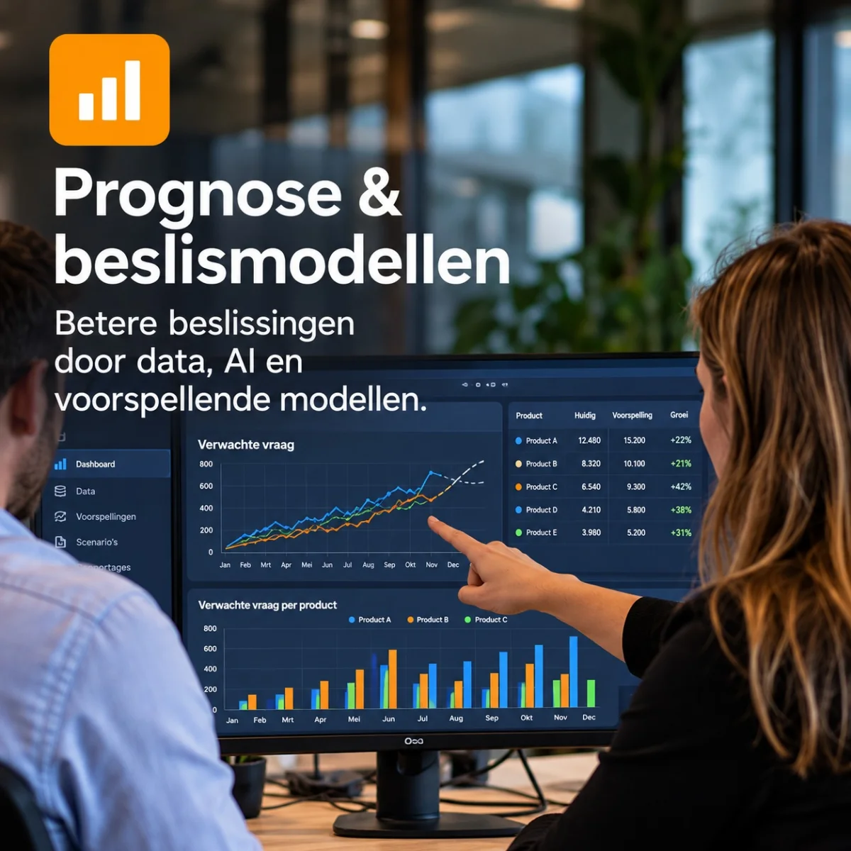 Een analist wijst naar een dashboard met de verwachte vraag per product. Tekst: Prognose & beslismodellen. Betere beslissingen door data, AI en voorspellende modellen.