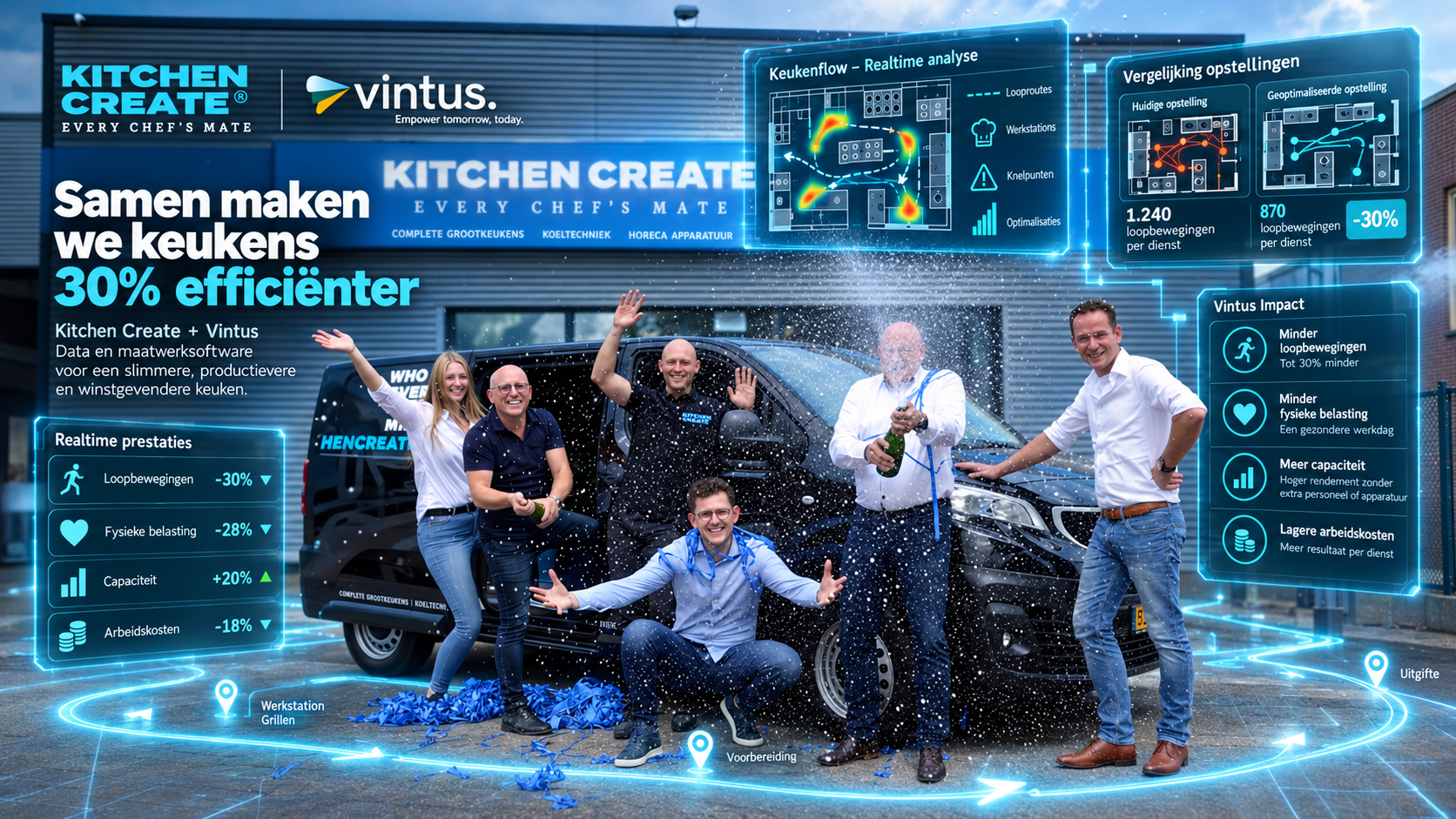 Koks aan het werk in een professionele keuken, met looproutes en dashboards van Kitchen Create en Vintus. Tekst: Hoe we een restaurantkeuken 30% efficiënter maakten.
