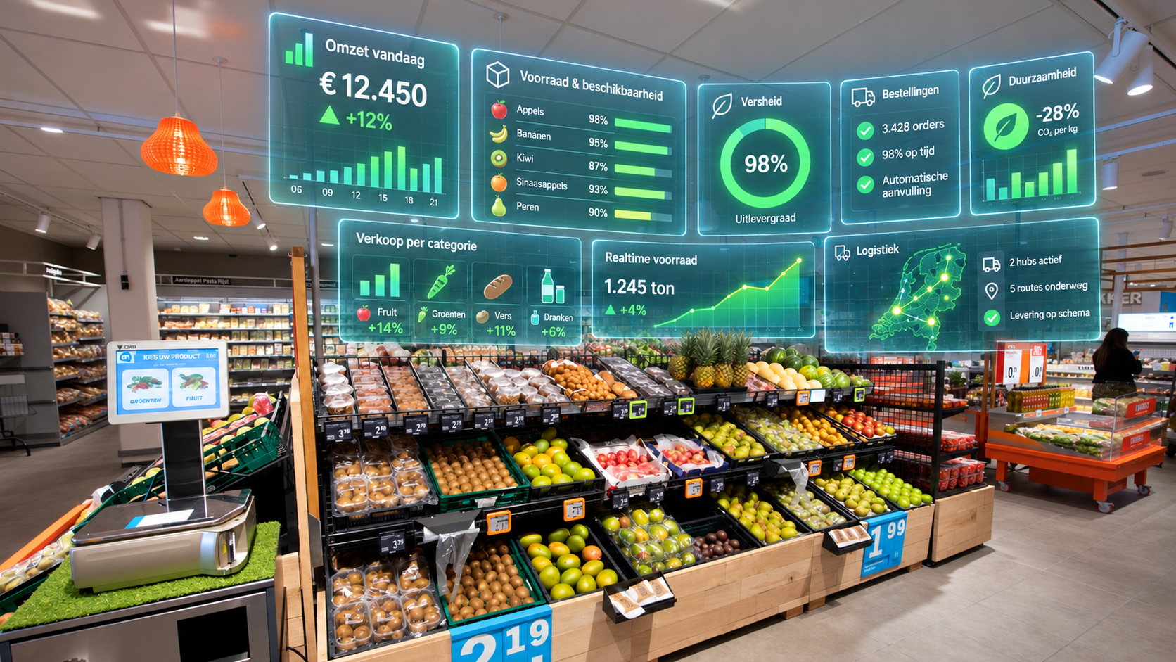 Bakker Barendrecht en Vintus aan een laptop tussen groente en fruit, met dashboards. Tekst: Honderden miljoenen groeien met hetzelfde team. Meer dan 98% uitlevergraad, minder verspilling, volledig maatwerk ERP-systeem.